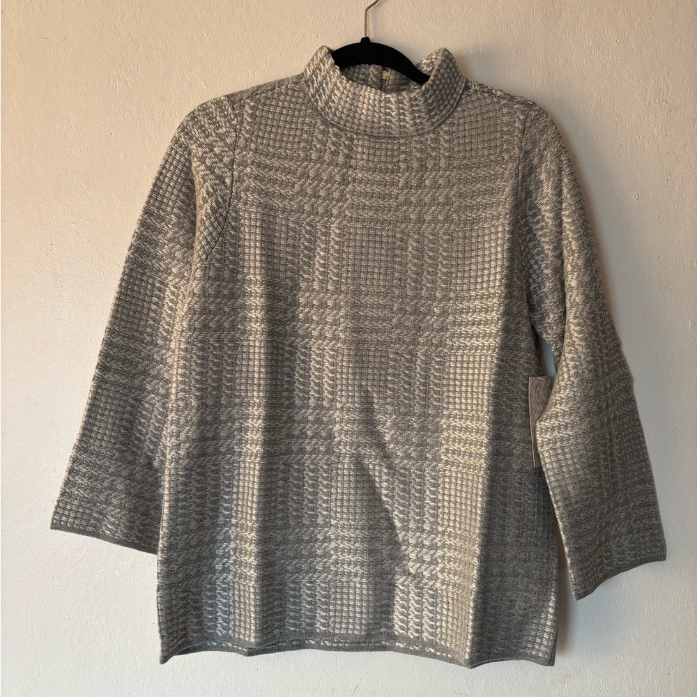 BRAND NEW Chico's Elegant Gray Cowl Neck Sweater with gold zipper